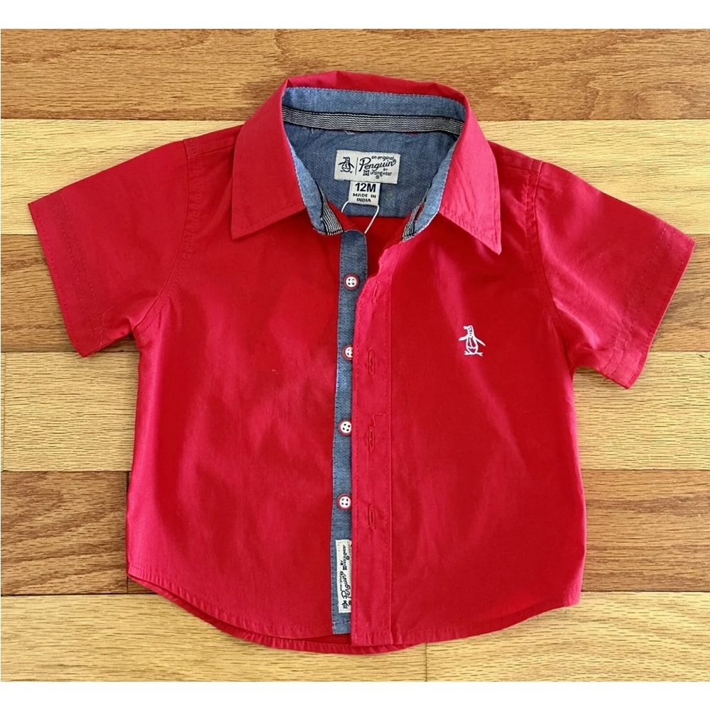 NEW ORIGINAL PENGUIN JUNIOR BABY BOY GIRL BUTTON FRONT RED COTTON SHIRT 12M NWT